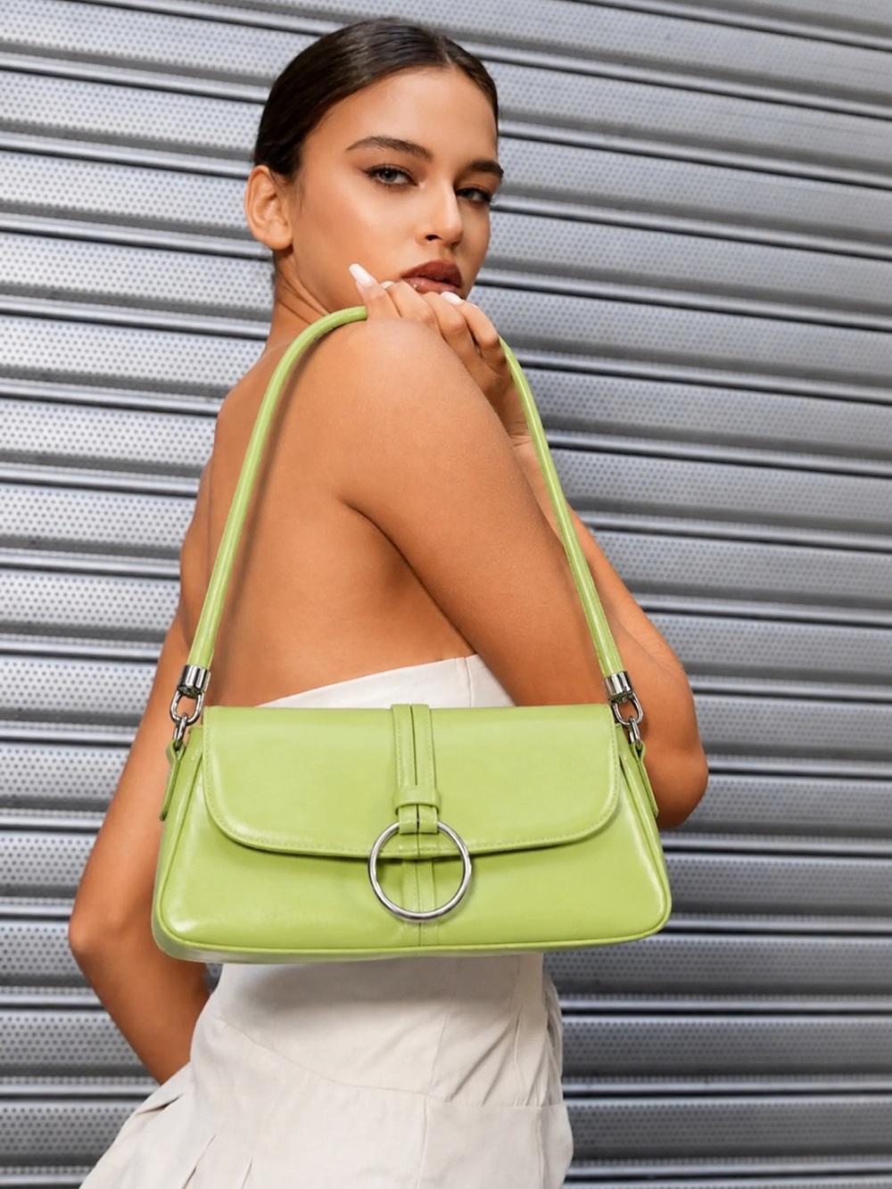 Y2K Diva Collection Lime Green Shoulder Bag Ring Detail Baguette Purse